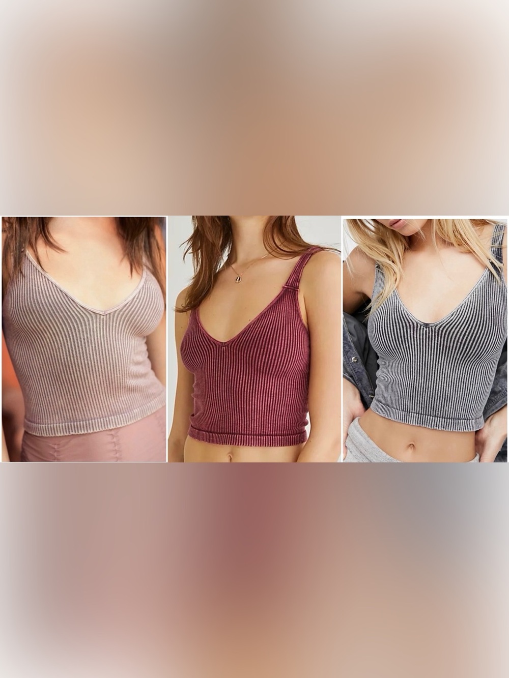 Ribbed V-Neck Bralette — Pink, Gray / black , Cream